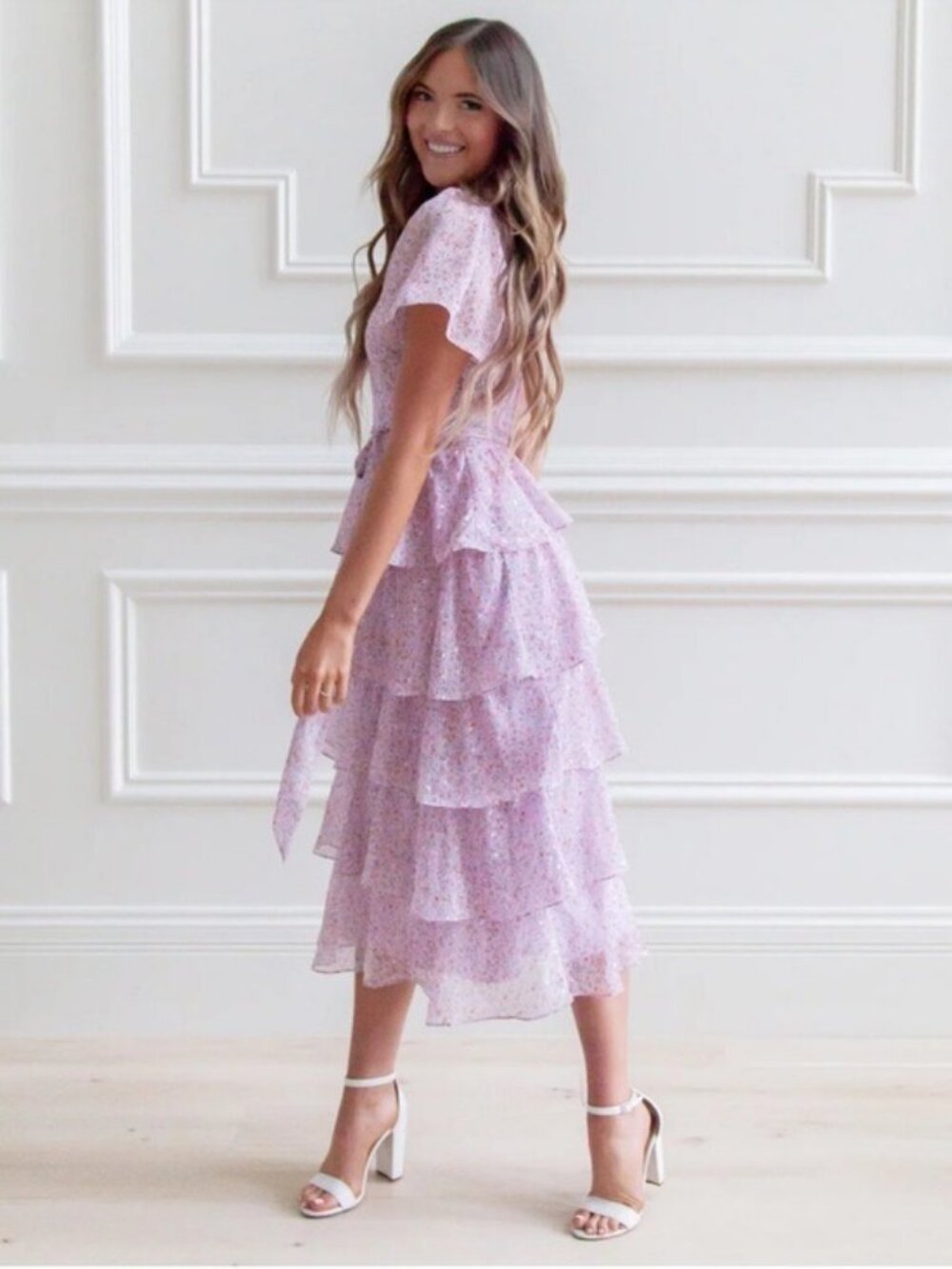 Rachel Parcell Floral Ruffle Tiered Lilac Midi Dress Large